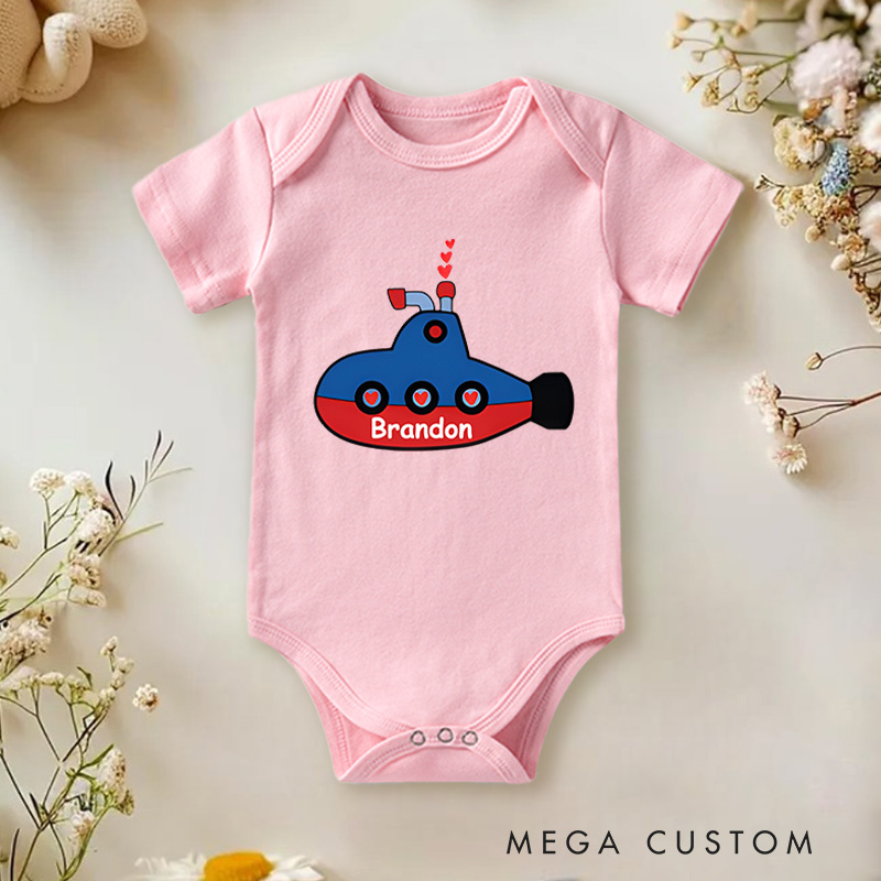 Personalized Submarine with Hearts Valentine's Baby Onesie Gift for Baby and Ocean Lovers