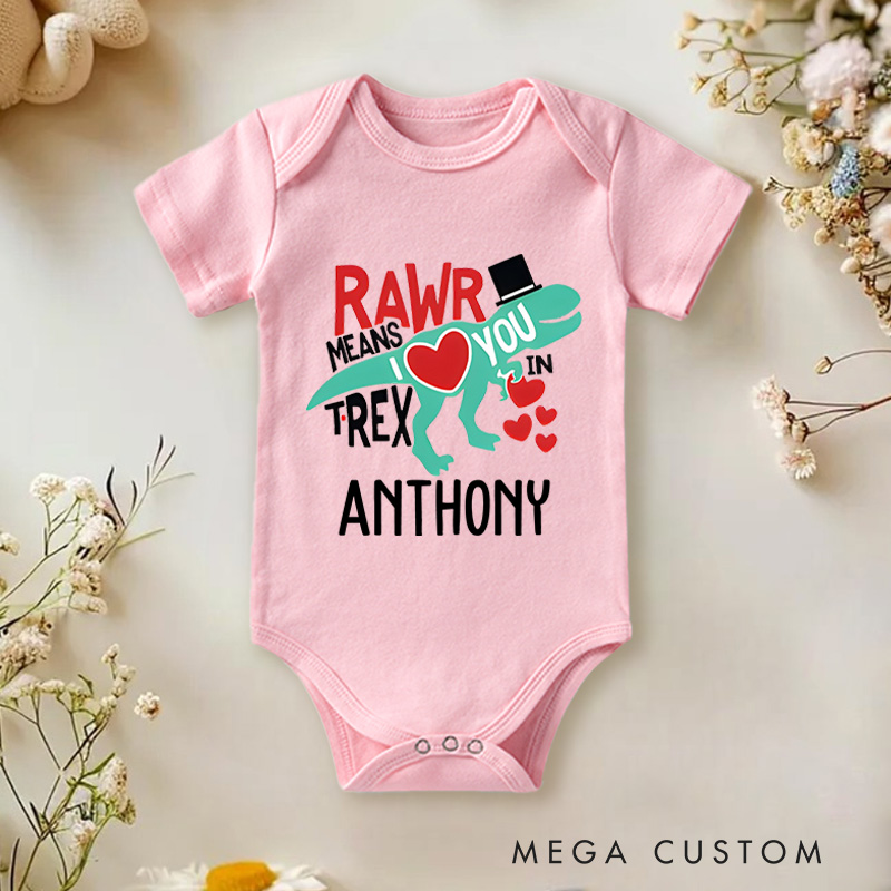 Personalized Rawr Means I Love You T-Rex Valentine's Baby Onesie Gift for Baby