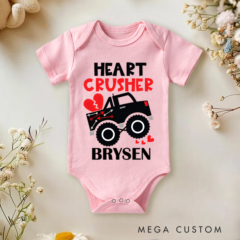 Personalized Heart Crusher Truck Valentine's Baby Onesie Gift for New Baby