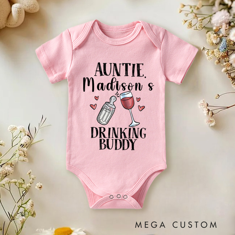 Personalized Auntie Madison Drinking Buddy Baby Onesie Gift for New Baby