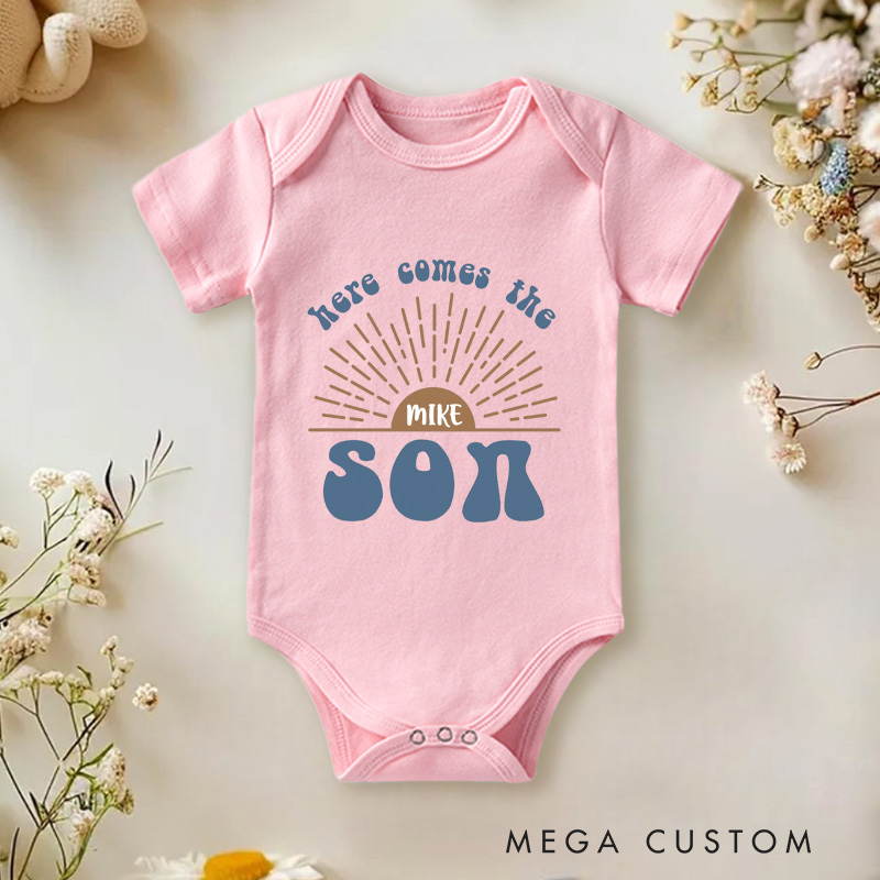 Personalized Here Comes The Son Baby Onesie Retro Announcement Gift