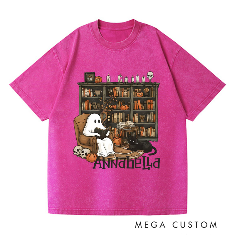 Personalized Retro Ghost Reading Books Washed T-Shirts Book Lover Shirt with Name Halloween Shirt Halloween Gifts Librarian Ghost Shirt