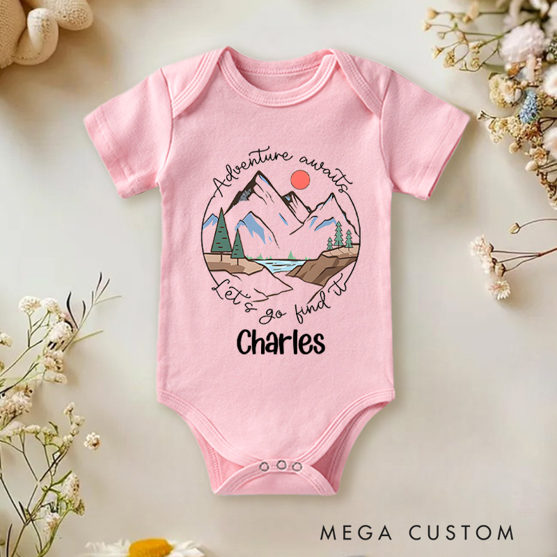 Personalized Adventure Awaits Lets Go Hike Mountain Baby Onesie Baby Shower Gift
