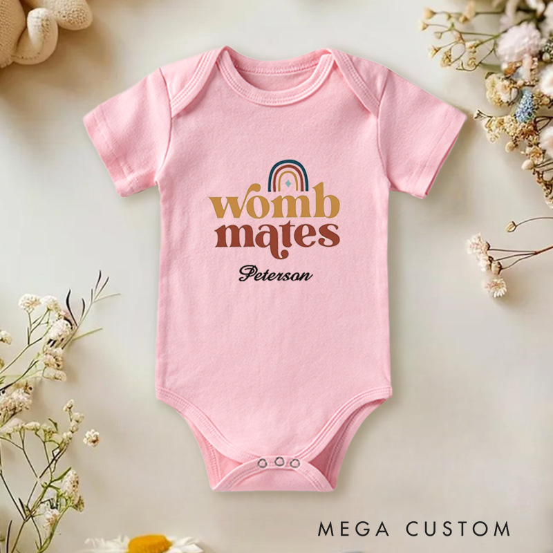 Personalized Womb Mates Cute and Fun Rainbow Design for Twins or Siblings Baby Onesie