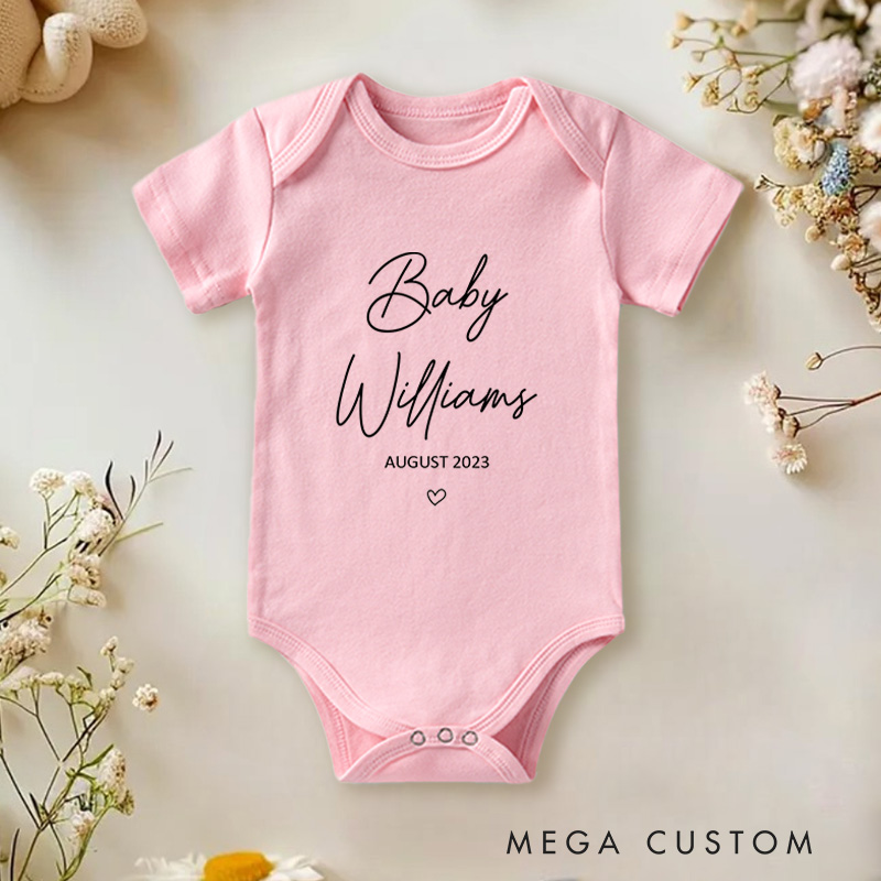 Personalized Name and Date Baby Announcement with Heart Baby Onesie