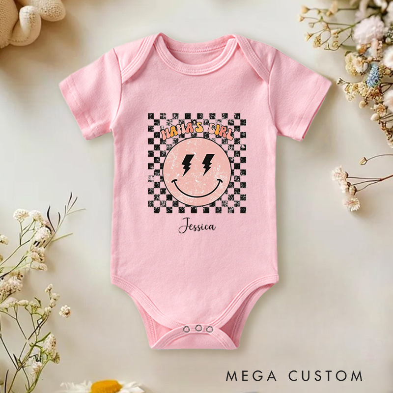 Personalized Mama’s Boy Rock and Roll Themed Design with Checkered Background Baby Onesie