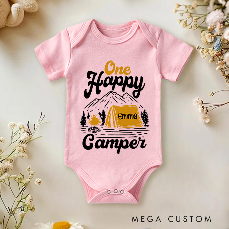 Personalized One Happy Camper Tent and Mountain Baby Onesie