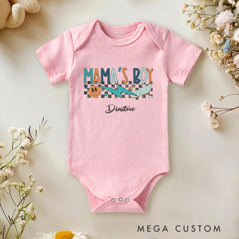Personalized Mama’s Boy Retro Checkered Design Celebrating the Bond with Mom Baby Onesie