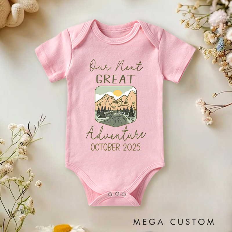 Personalized Our Next Great Adventure Mountain Scene Baby Onesie Funny Baby Gift