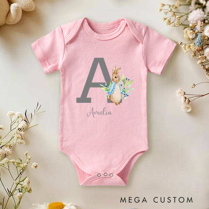 Personalized Letter Design with Cute Bunny Illustration Baby Onesie