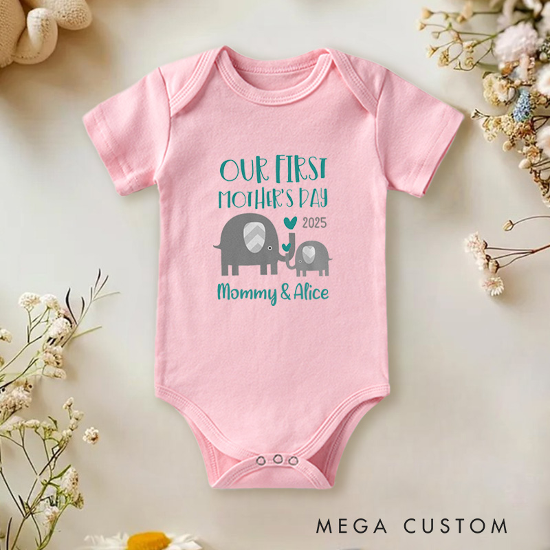 Personalized Our First Mother’s Day Mommy and Baby Elephant Cute Baby Onesie