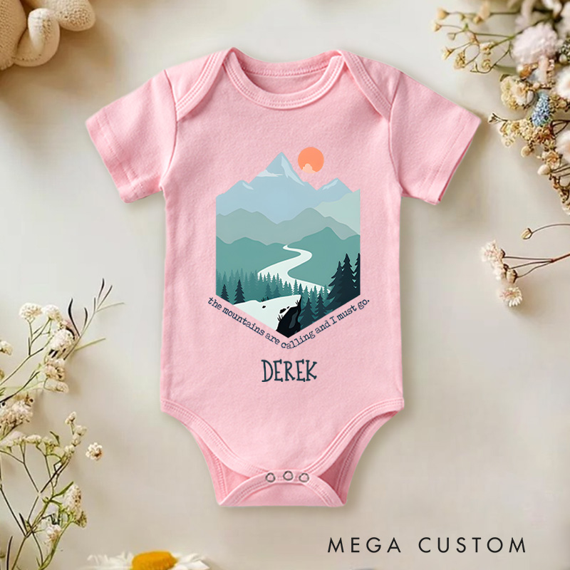 Personalized Derek Mountain and Path Adventure Art Baby Onesie Travel Baby Gift