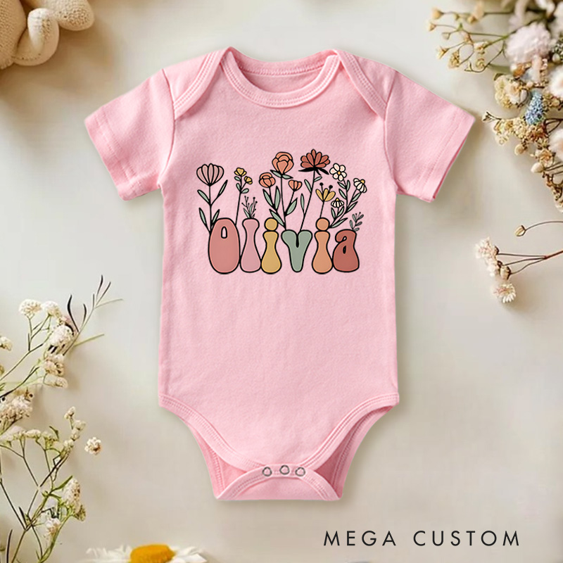 Personalized Floral Groovy Lettering Baby Onesie Baby Shower Gift