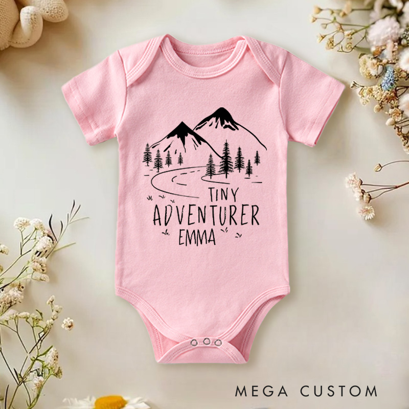 Personalized Tiny Adventurer Mountain and Forest Baby Onesie Travel Baby Gift