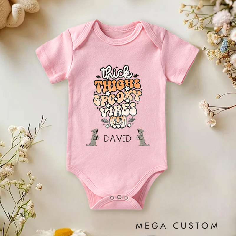 Personalized Thick Thighs Spooky Vibes Fun and Whimsical Halloween Baby Onesie