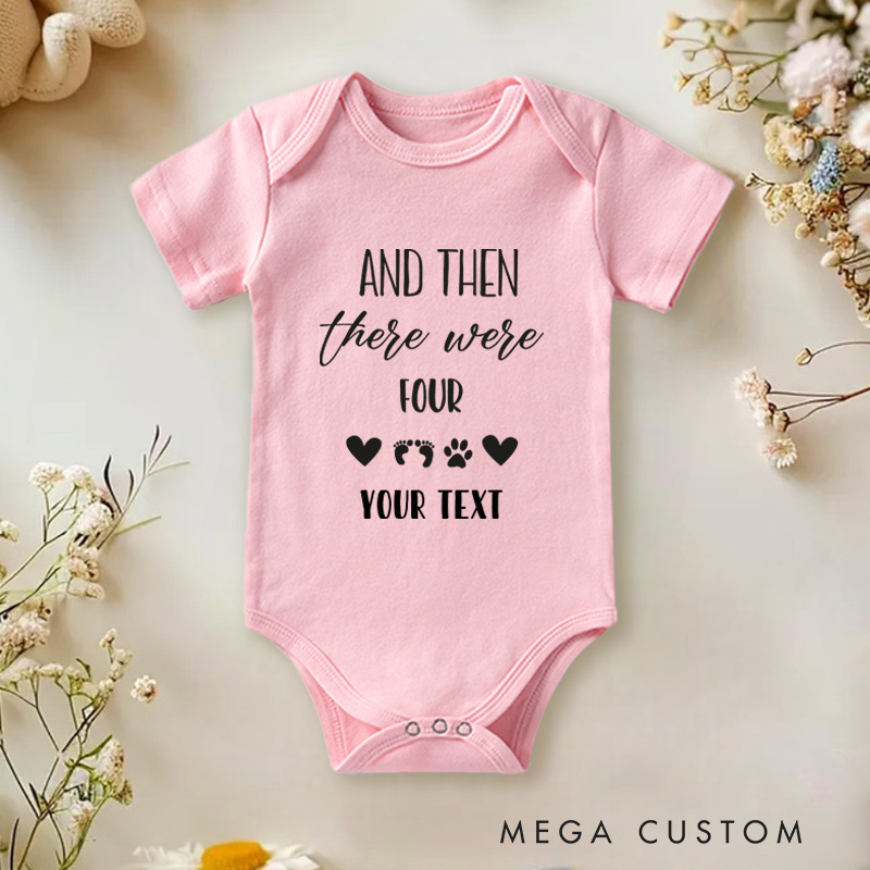 Personalized And Then There Were Four Family Addition with Footprints Baby Onesie  