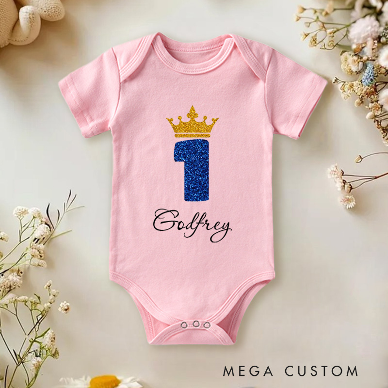 Personalized Number One with Crown Sparkly and Royal Birthday Celebration Baby Onesie  