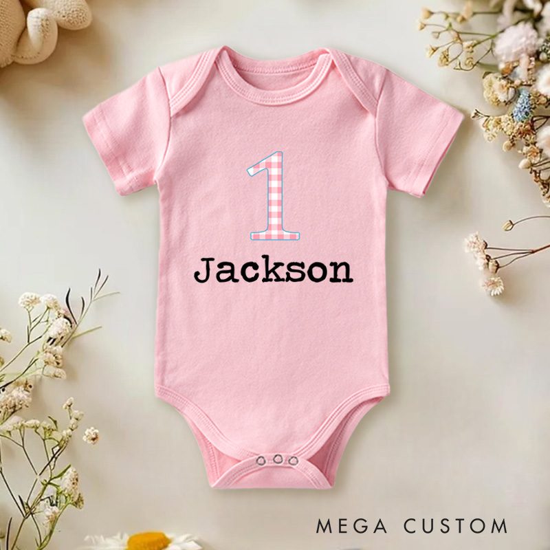Personalized Number One Checkered Birthday Celebration Baby Onesie  