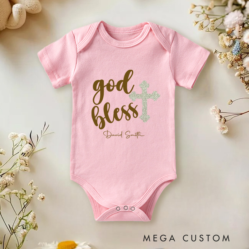 Personalized God Bless Name Elegant Glittery Baptism Celebration Baby Onesie  