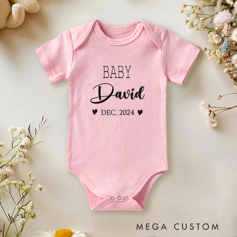Personalized Baby Name and Date Elegant and Heartfelt Birth Announcement Baby Onesie  