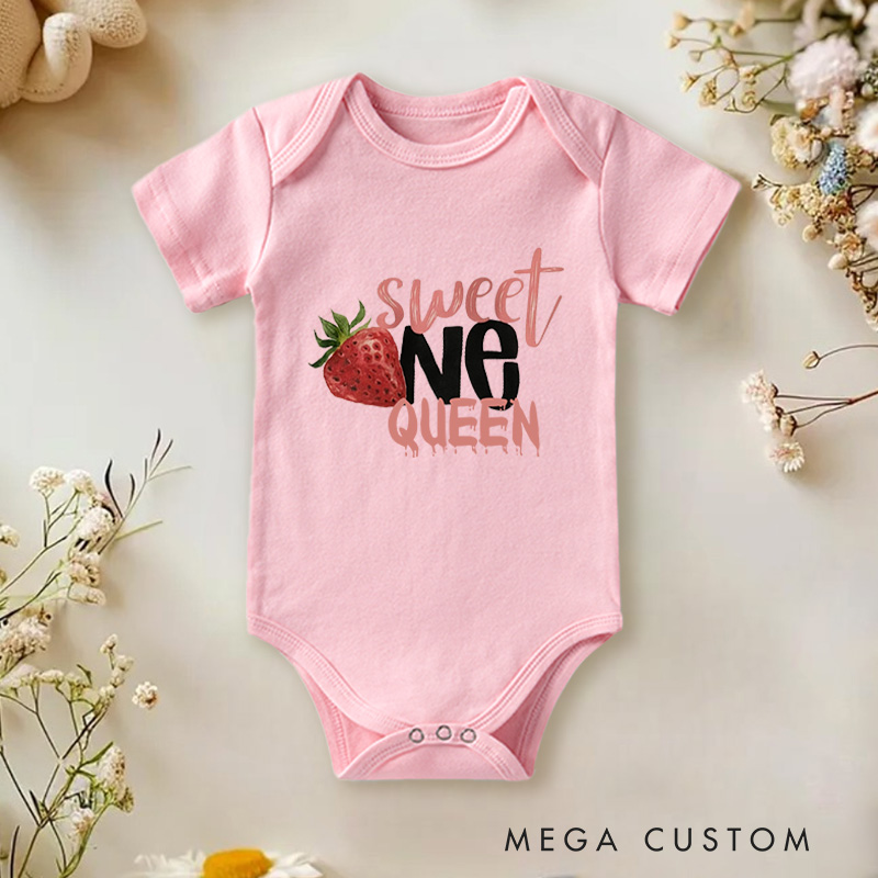 Personalized Sweet One Queen Strawberry Inspired First Birthday Celebration Baby Onesie  