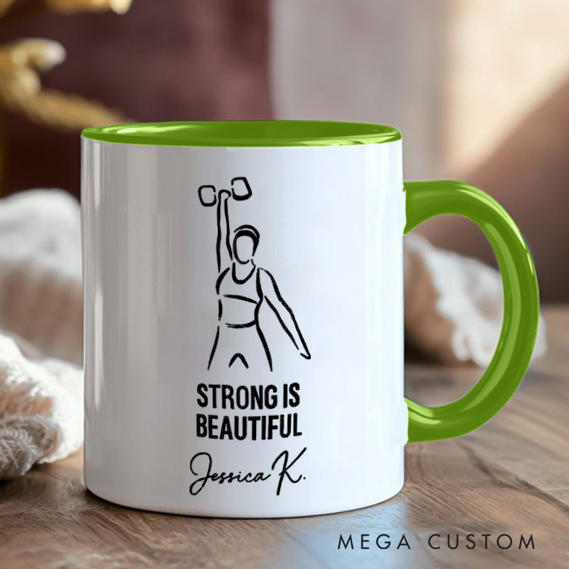Personalized Fitness Mug Strong is Beautiful with Custom Name Gift Motivational Coffee Cup for Fitness Enthusiasts Bodybuilders and Gym Lovers