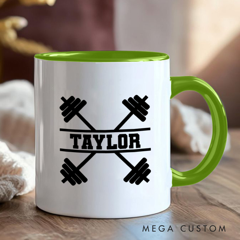 Personalized Fitness Mug with Crossed Dumbbell Design Gift Motivational Coffee Cup for Fitness Enthusiasts Bodybuilders and Gym Lovers