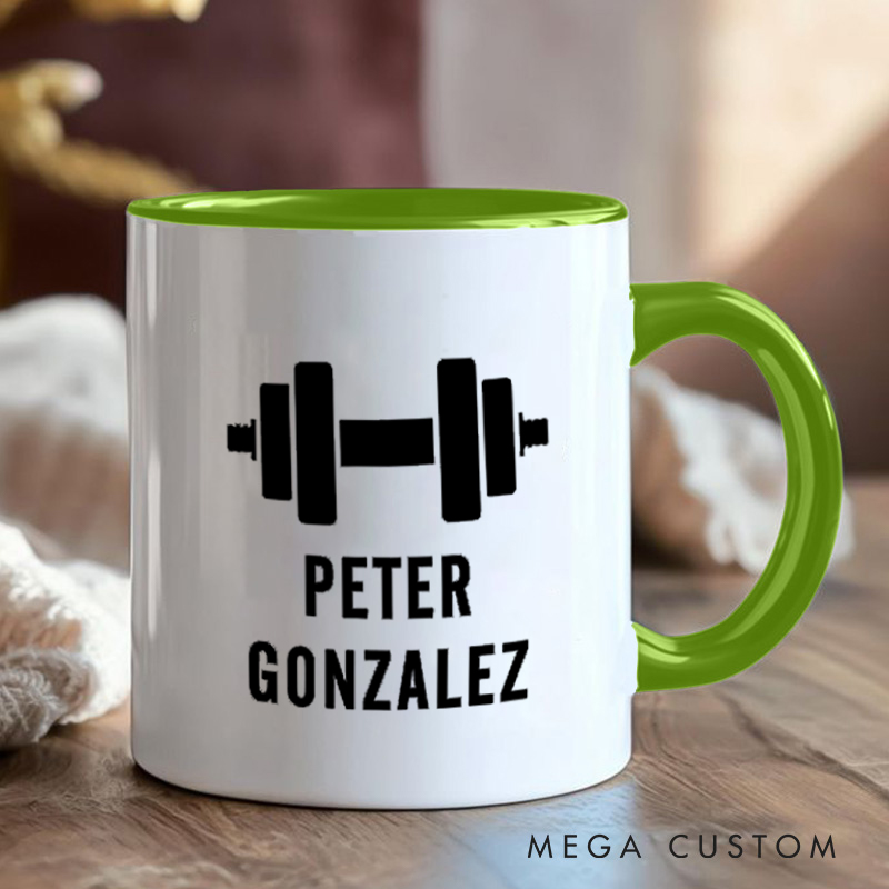 Personalized Fitness Mug with Dumbbell Graphic Gift Motivational Coffee Cup for Fitness Enthusiasts Bodybuilders and Gym Lovers