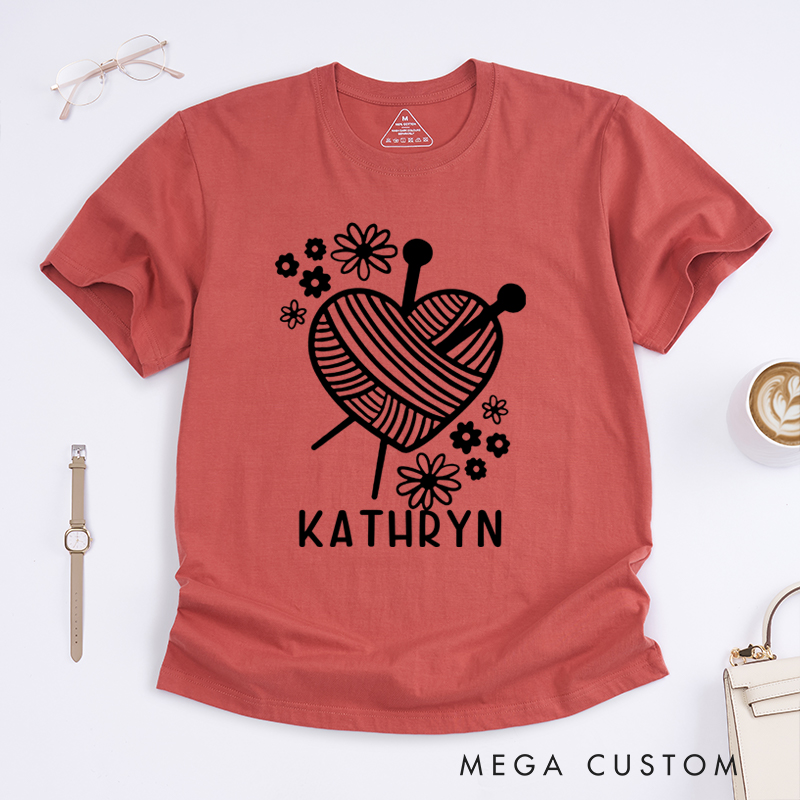 Personalized Knitting Heart Classic T-Shirts Gift for Knitting Lovers Cute Yarn Design Shirt Funny Knitting Tee