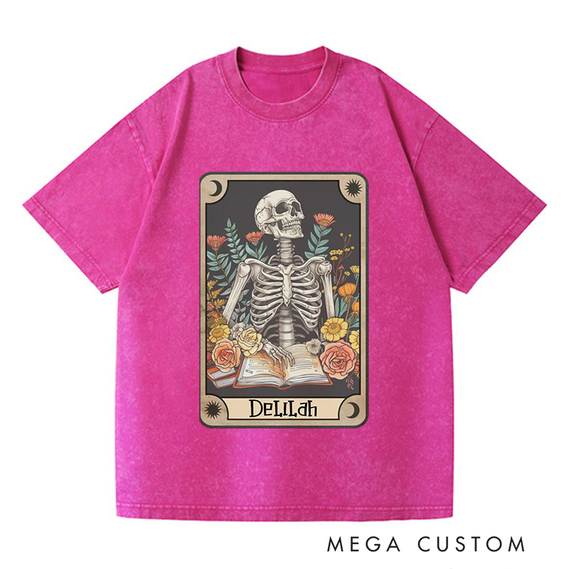Personalized The Reader Tarot Card Washed T-Shirts Skeleton Reading Shirt Unisex Tarot Card Shirt Book Lover Gift Bookish Gift