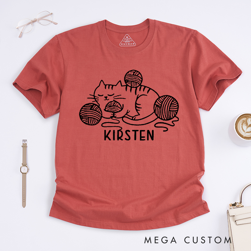 Personalized Knit Cat Classic T-Shirts Gift for Knitting Lovers Yarn Ball Cute Kitten Graphic Tee Cozy Pet Lover Shirt