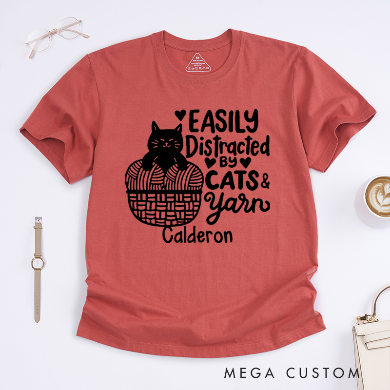 Personalized Easily Distracted by Cat and Yarn Classic T-Shirts for Knitting Lovers Funny Crochet Shirt Gift for Cat Lover