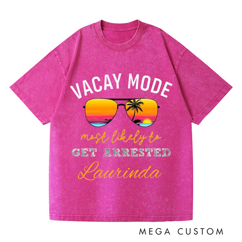 Personalized Vacay Mode Washed T-Shirts Summer Vacation Shirt Trendy Tee Colorful Patterned Shirt Gift For Traveler