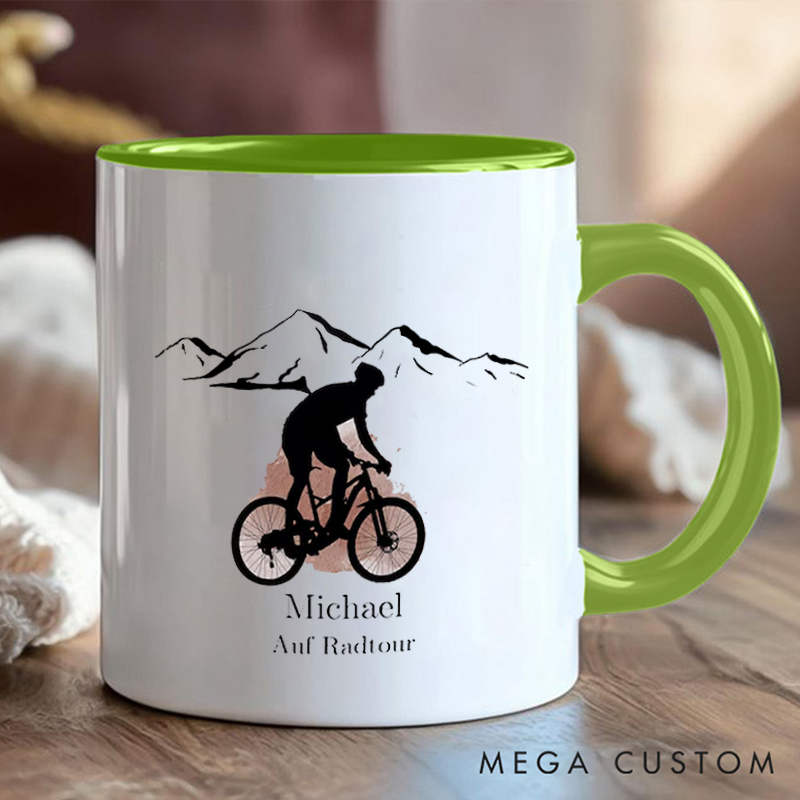 Personalized Mountain Biking Coffee Cup Mug with Name and Scenic Design for Outdoor Adventures Riding Cycling Biking Enthusiasts