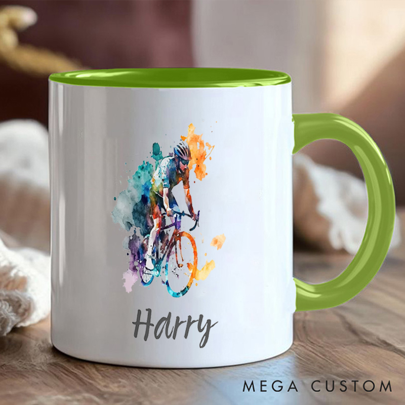 Personalized Watercolor Cyclist Coffee Cup Mug with Art for Outdoor Adventures Riding Cycling Biking Enthusiasts