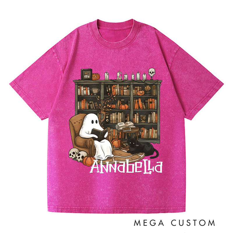 Personalized Retro Ghost Reading Books Washed T-Shirts Book Lover Shirt with Name Halloween Shirt Halloween Gifts Librarian Ghost Shirt
