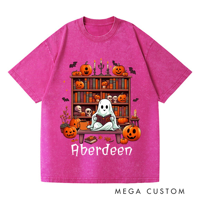 Personalized Ghost Book Reader Washed T-Shirts Reading Enthusiast Book Ghost Reader Tee for Literature Lover Boo Shirt Halloween Gifts