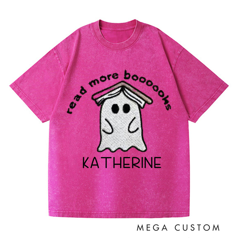 Personalized Ghost Book Washed T-Shirts Fall Spooky Season Tshirt Book Lover Shirt Cute Reading Ghost Shirt Halloween Gift Bookish-Librarian Gift