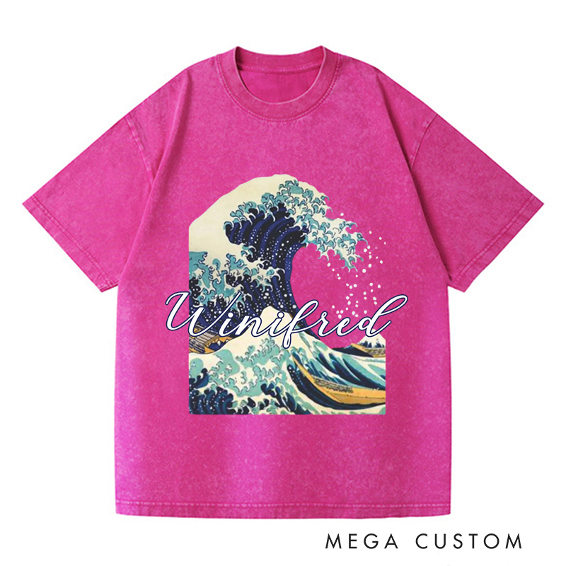 Personalized Giant Wave Washed T-Shirts Artistic Shirts Vacation Tee Customized Name Shirt Gift For Traveler