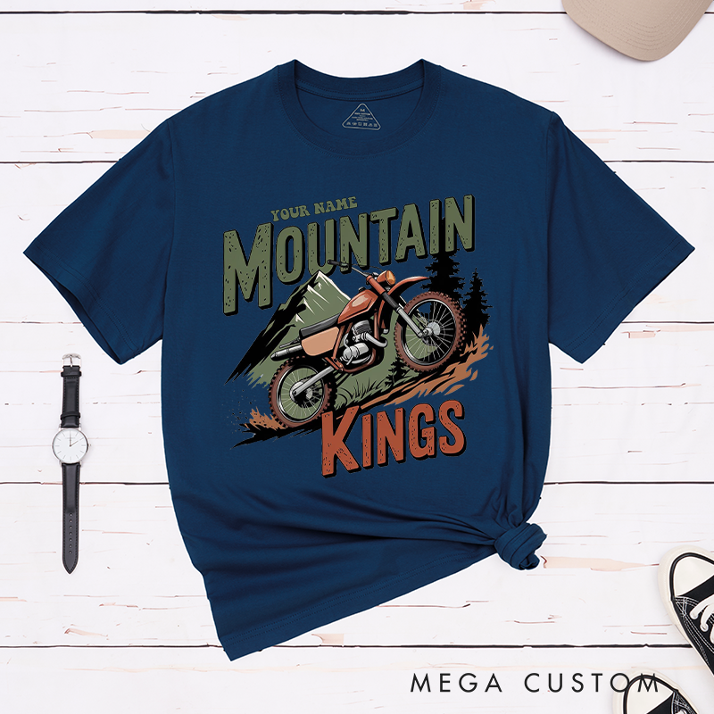 Personalized Mountain Kings Dirt Bike T-Shirt a Majestic Mountain Backdrop for Outdoor Adventures Riding Cycling Biking Enthusiasts