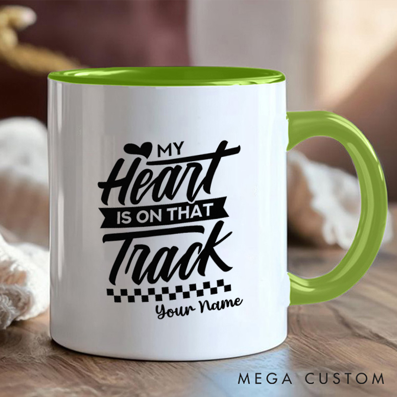 Personalized Racing Heart Mug with Name and Track Design for Outdoor Adventures Riding Cycling Biking Enthusiasts