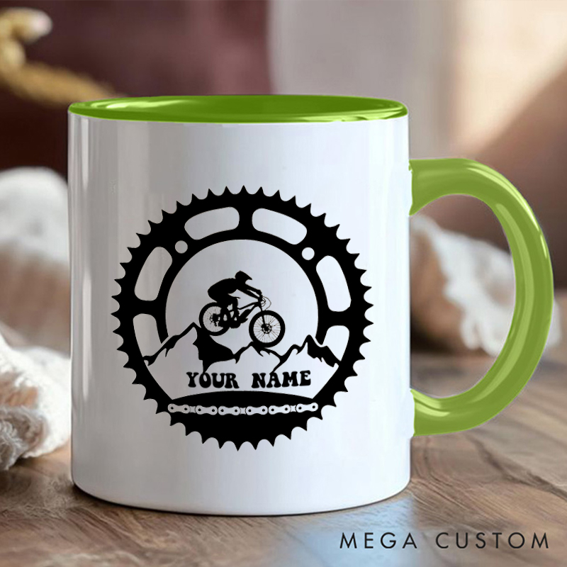 Personalized Mountain Biking Gear Mug with Name and Bike Design for Outdoor Adventures Riding Cycling Biking Enthusiasts