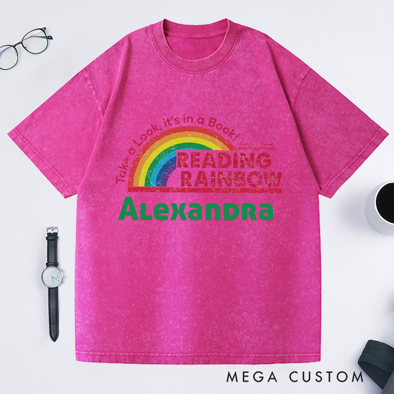 Personalized Reading Rainbow Washed T-Shirts for Librarian, Take a Look It's in a Book Shirt, Retro Librarian Tee with Name Book Lover Gift