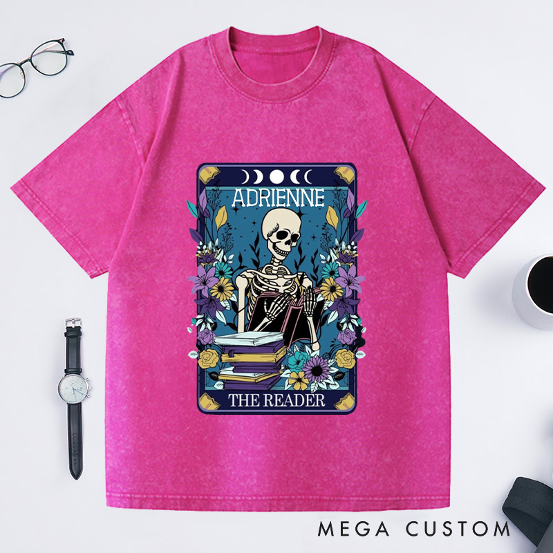 Personalized The Reader Washed T-Shirts Bookish Shirt Skeleton Tarot Shirt for Book Lover Gift Librarian Gift