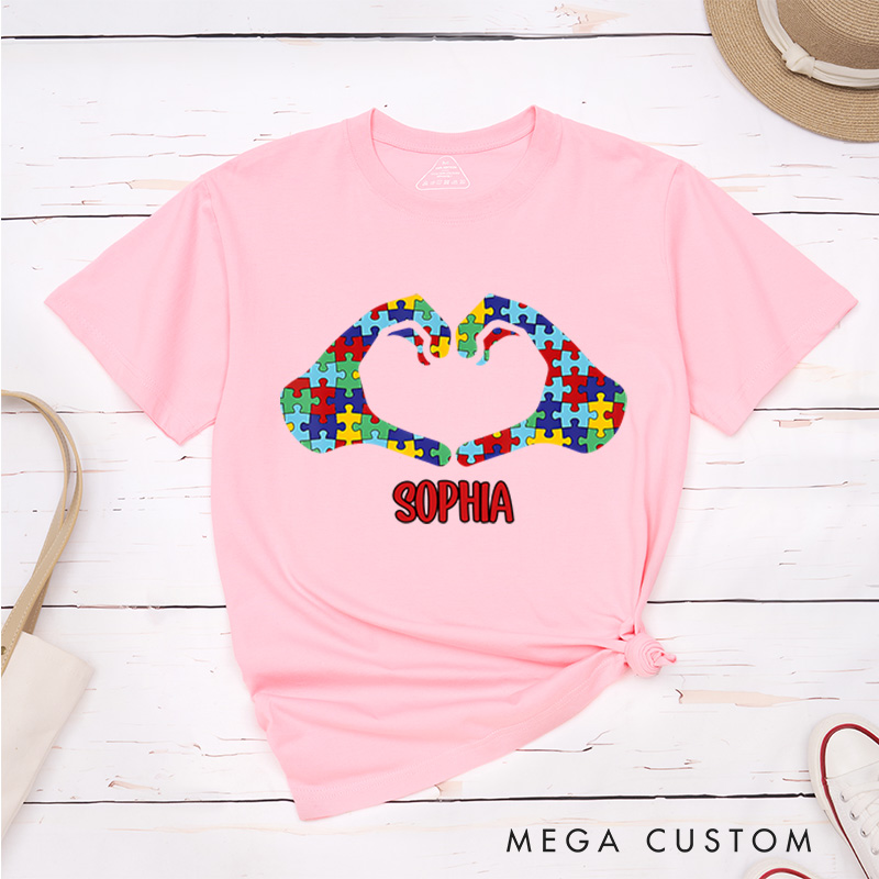 Personalized Heart LOVE Hands Puzzle Autism Awareness T-Shirt Mental Health Gift