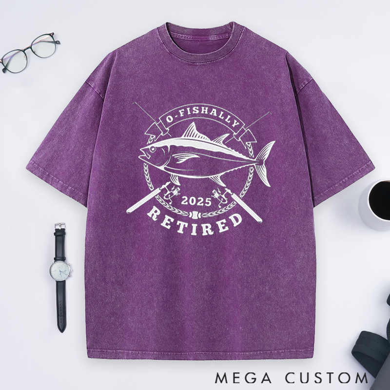 Personalized Fishing O-Fishally Retired Washed T-Shirt Great Retirement Gift for Fishing Lover Dad Grandpa