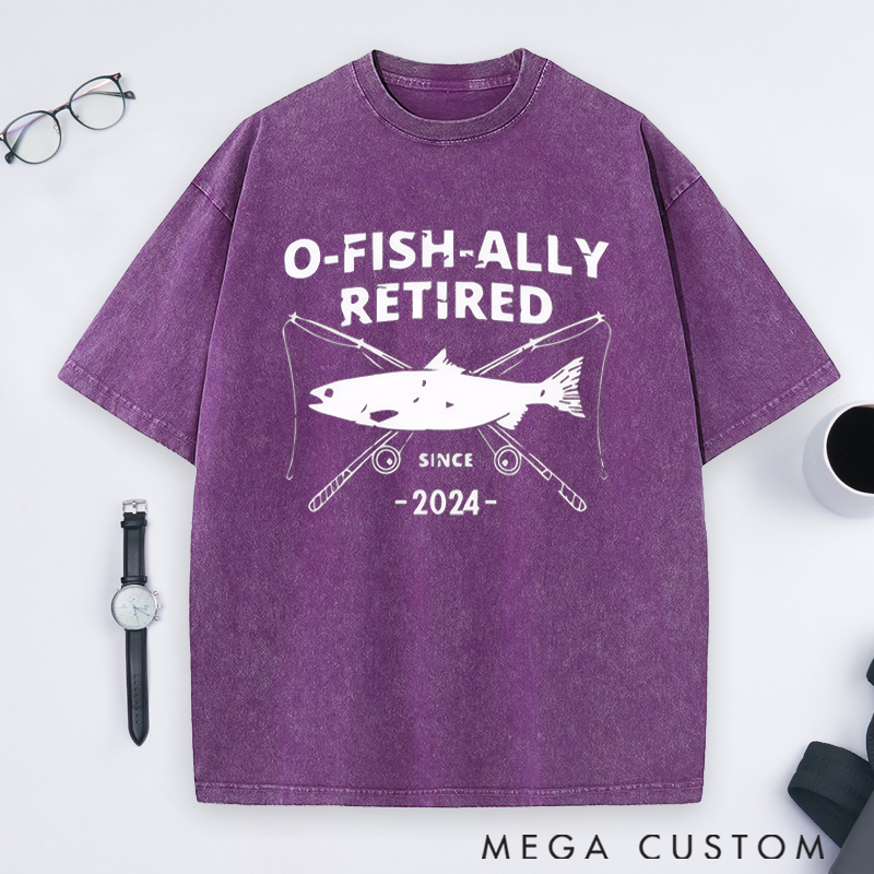 Personalized O-Fish-Ally Retired Washed T-Shirt Fun Retirement Gift for Fishing Lovers