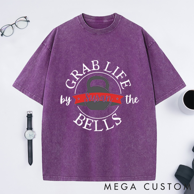 Personalized Kettlebell Washed T-Shirts with Motivational Grab Life by the Bells Design for Fitness Enthusiasts Bodybuilders and Gym Lovers