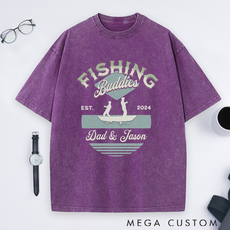 Personalized Fishing Buddies Washed T-Shirt with Father and Child Silhouette for Fishing Enthusiast