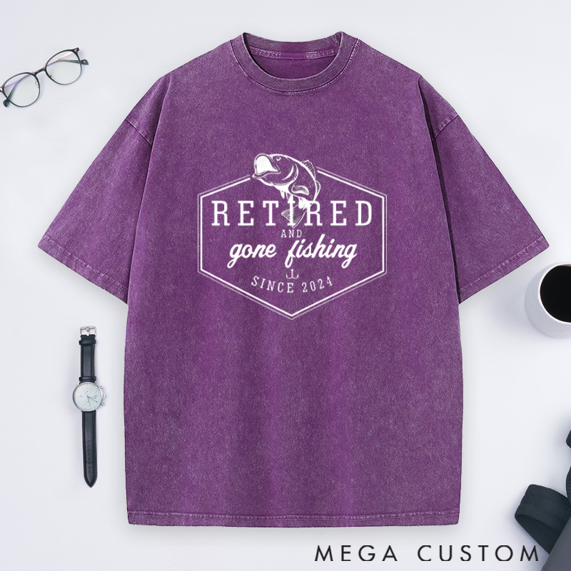 Personalized Retired and Gone Fishing Washed T-Shirt Retirement Gift for Fishing Outdoors Lover